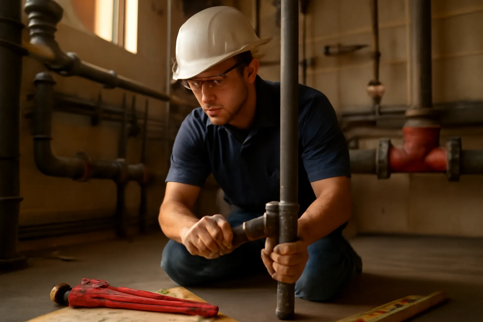 Pipefitter apprentice fitting steel pipe in Arizona commercial mechanical room