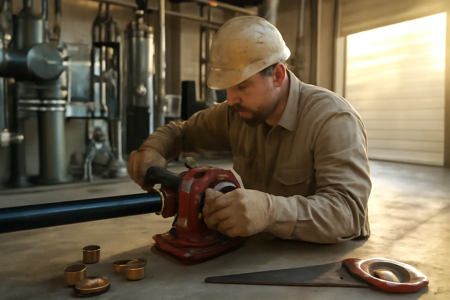Arkansas pipefitter threading steel pipe in a mechanical room