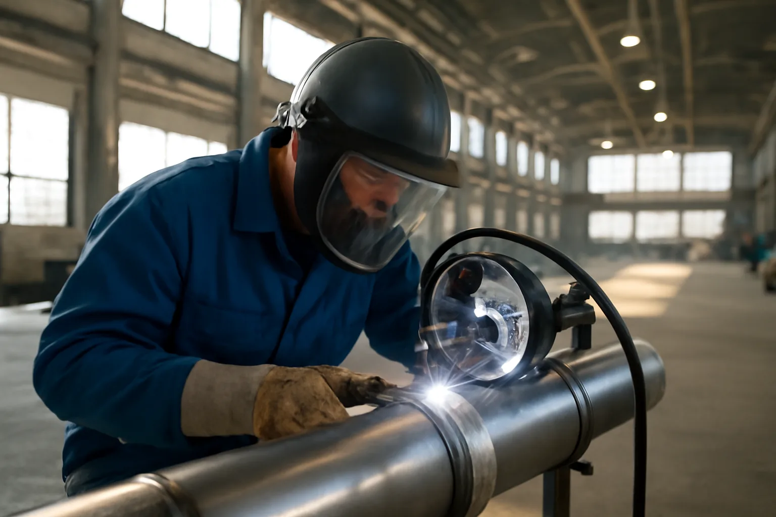 Pipefitter welding a stainless steel pipe joint in a California industrial plant.