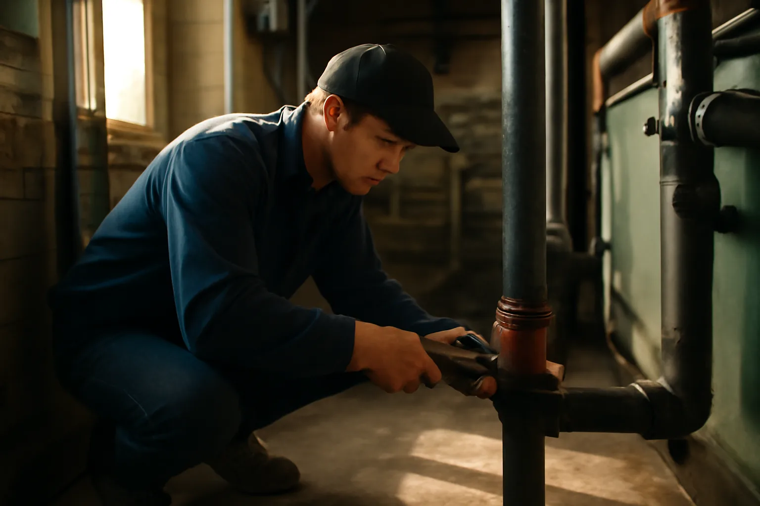 Pipefitter working steel pipe in a Kentucky plant mechanical room