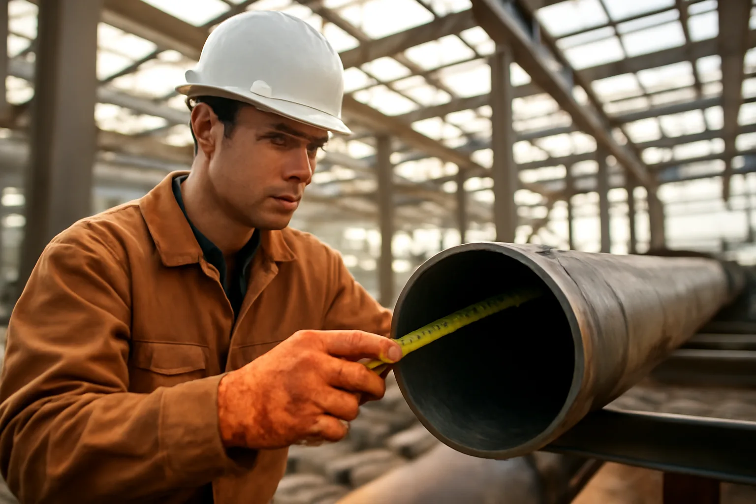 Pipefitter apprentice measuring industrial pipe on a Colorado construction site