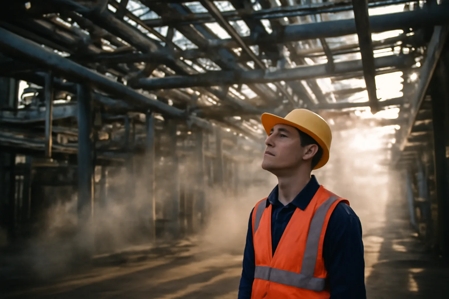 Apprentice pipefitter looking up at overhead pipe rack in Alabama plant