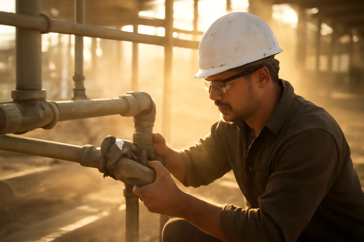 A pipefitter working on boiler piping in an Arizona industrial building