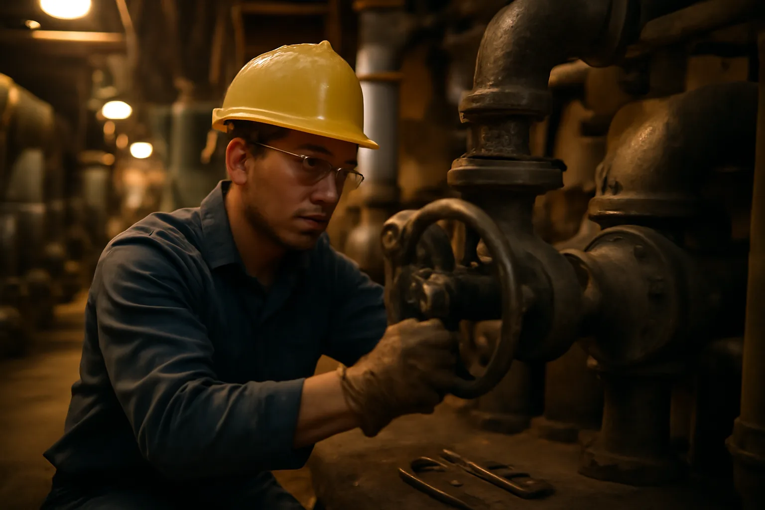 Pipefitter apprentice adjusting a steam valve in an industrial California boiler room
