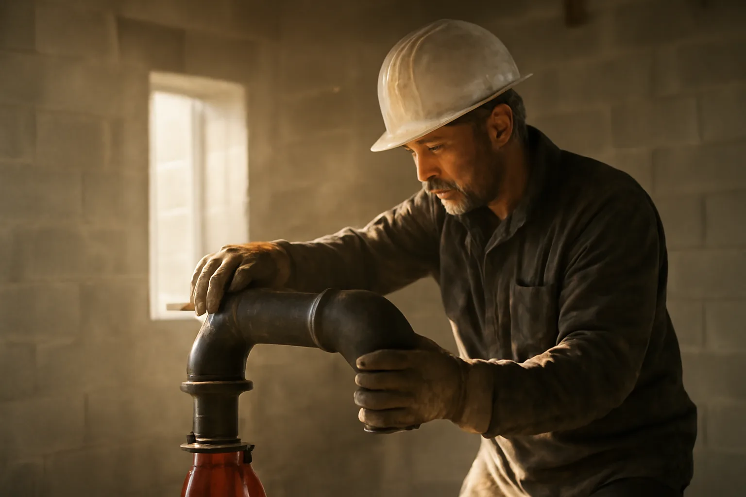 Pipefitter aligning black steel pipe in an Atlanta mechanical room