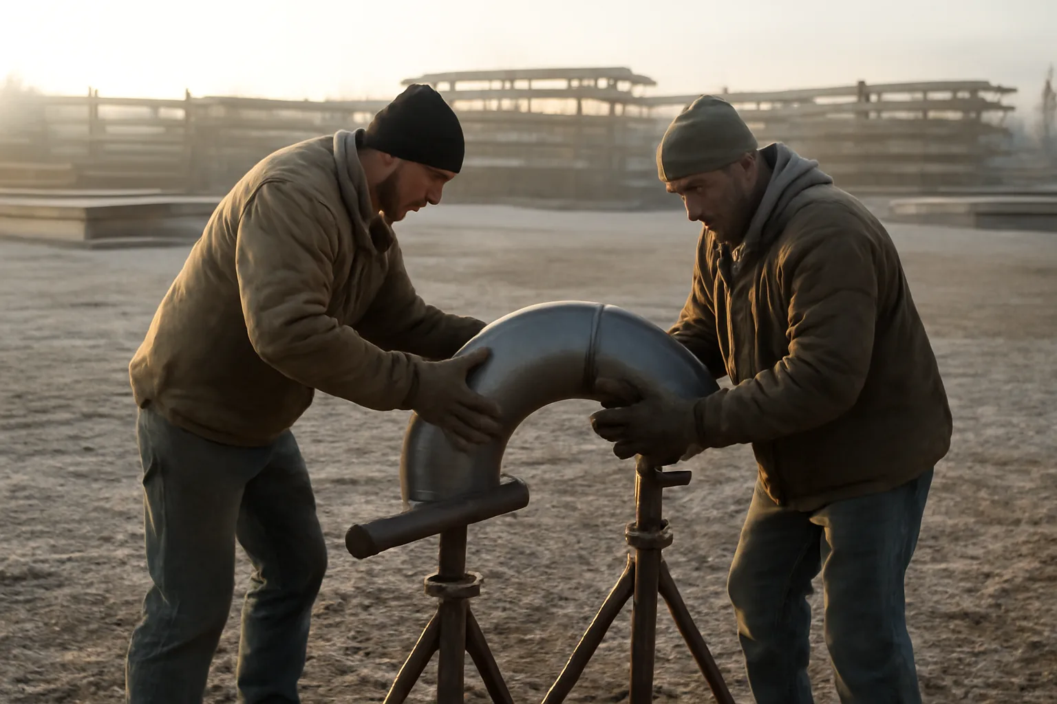 Two pipefitters align steel pipe on stands in Kansas