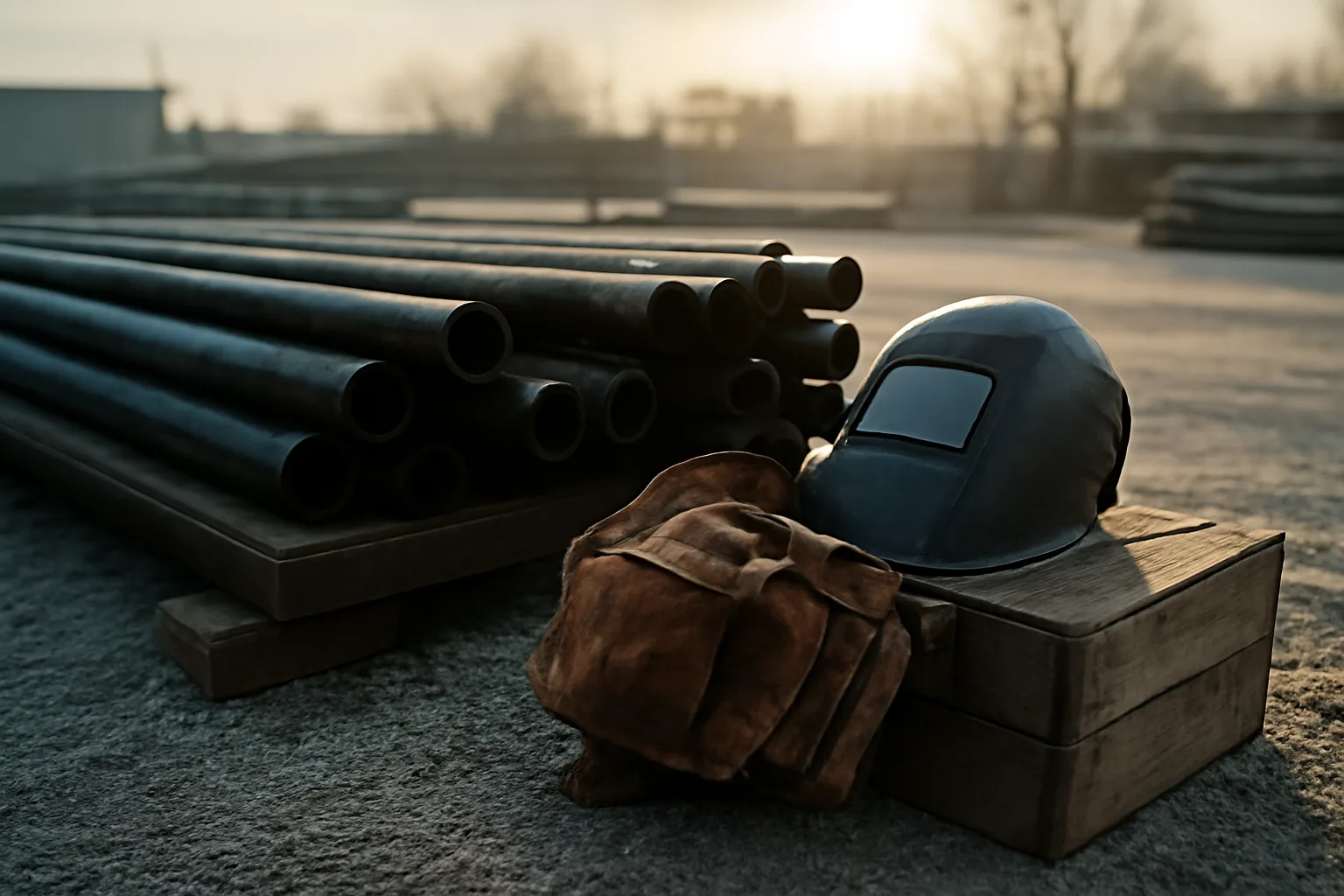 Steel pipe and welding hood at an Iowa pipefitter yard