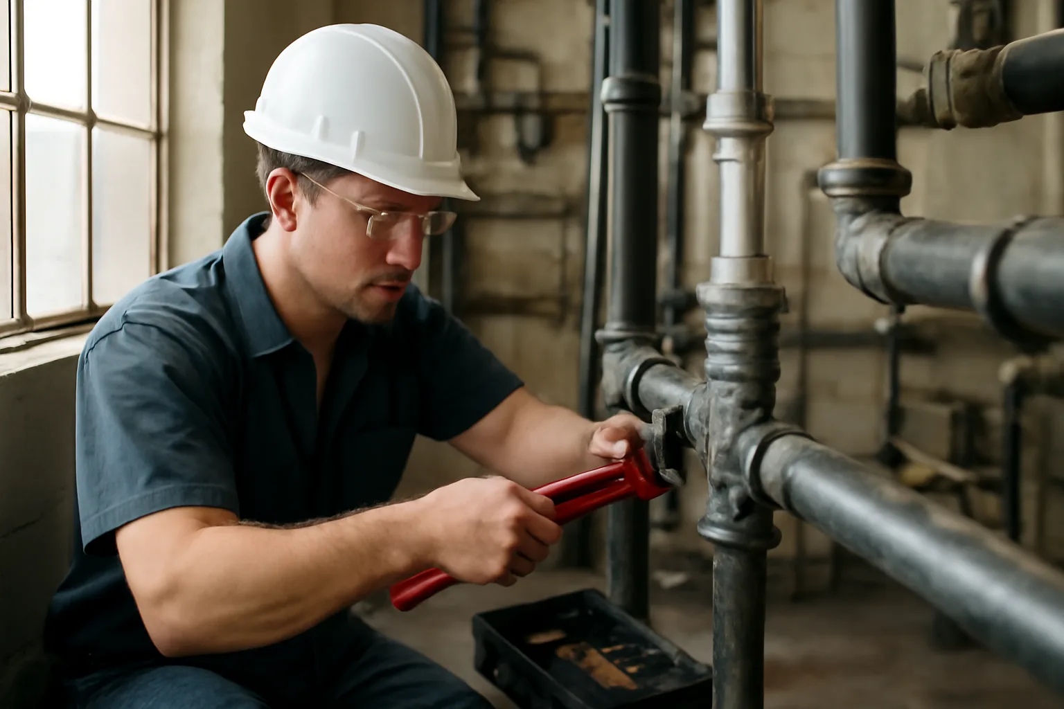Apprentice pipefitter tightening a pipe joint in Alabama mechanical room