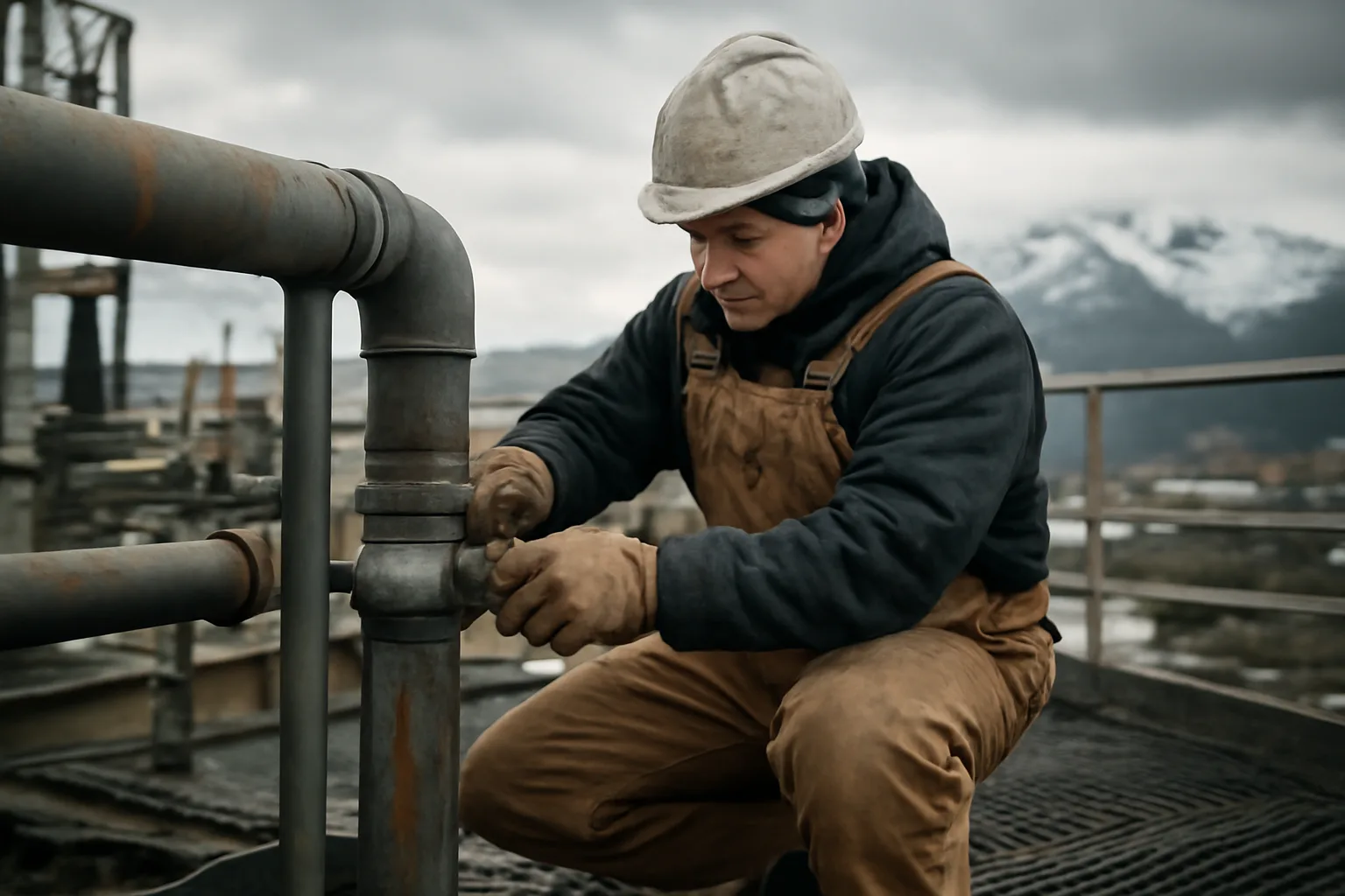 Pipefitter in Alaska fitting a threaded pipe joint at an outdoor industrial site.