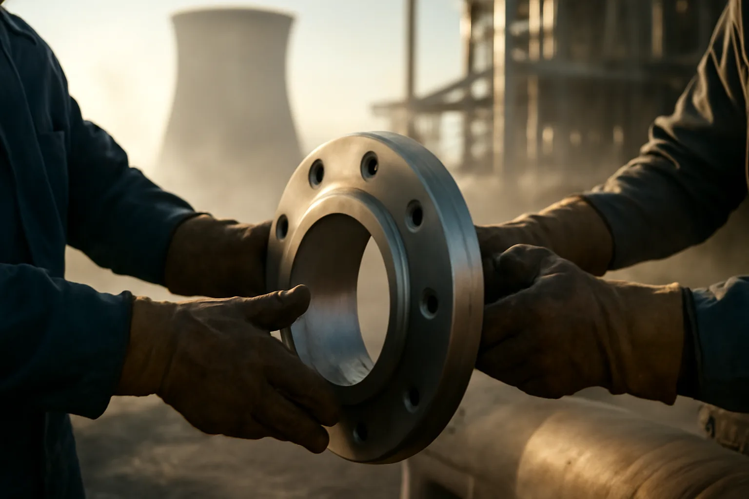 Two pipefitters aligning a stainless flange at a Florida plant