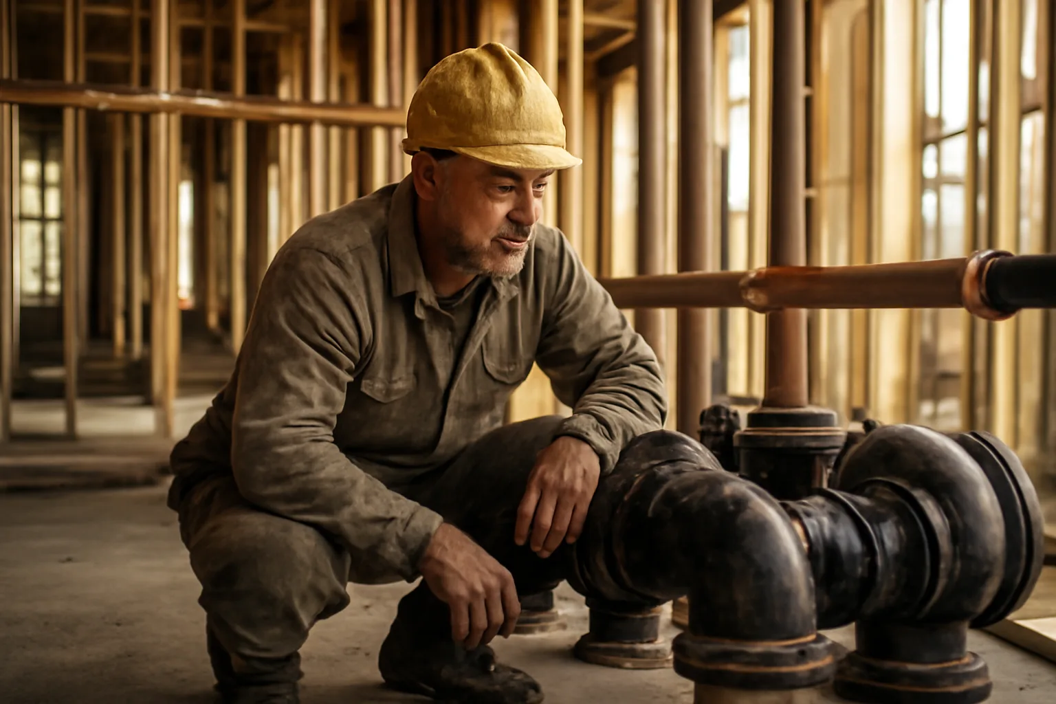 Pipefitter inspecting large steel pipe fittings inside Colorado commercial construction site