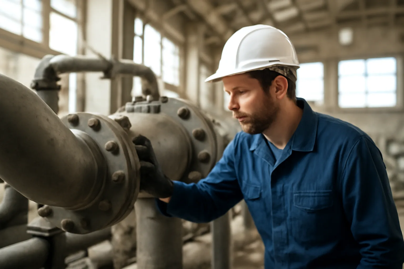 Pipefitter inspecting pipe assembly inside Connecticut commercial building
