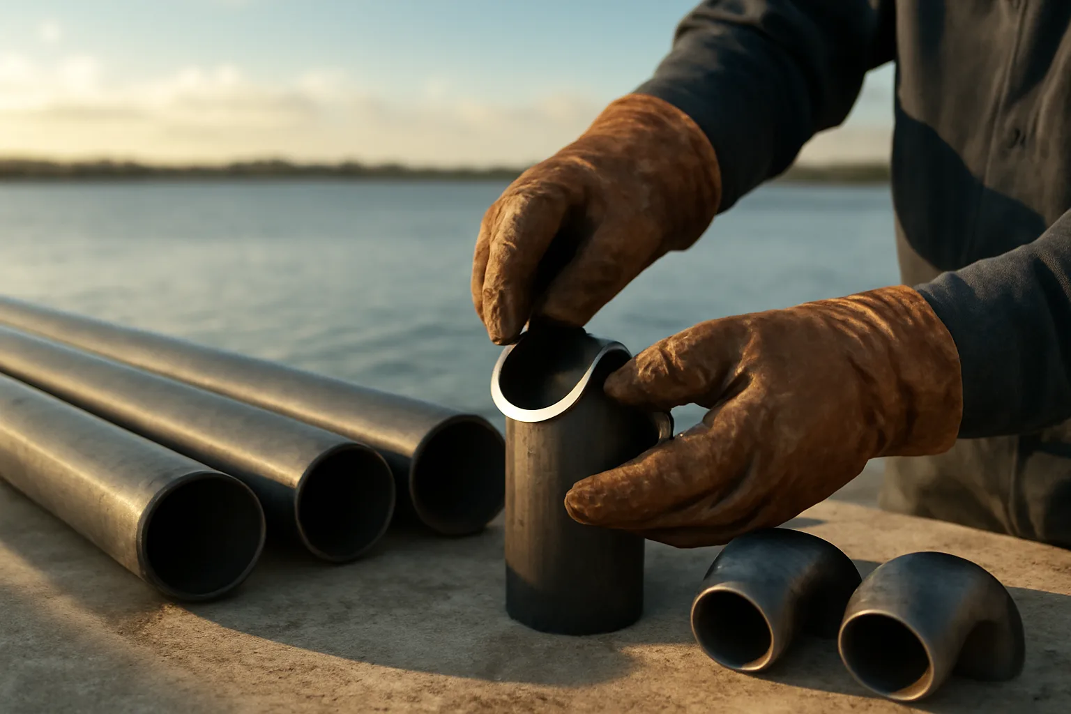 Pipefitter checking a steel pipe bevel on a sunny Florida jobsite