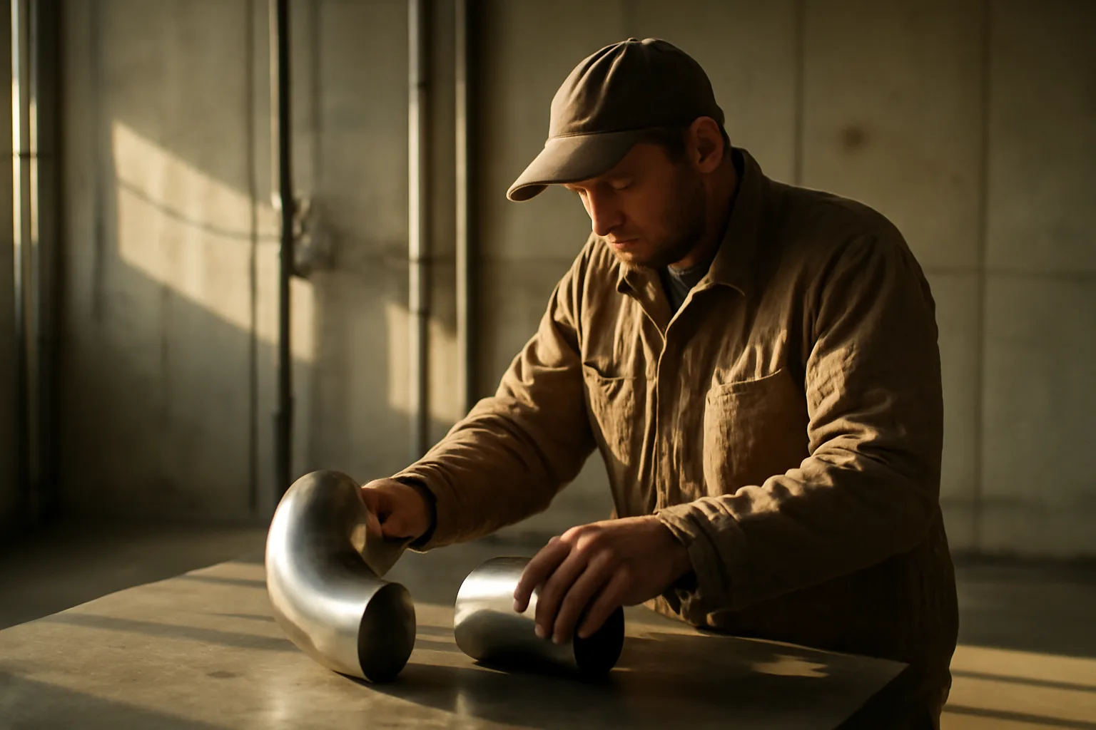 Kentucky pipefitter aligning stainless elbows in a Lexington mechanical room