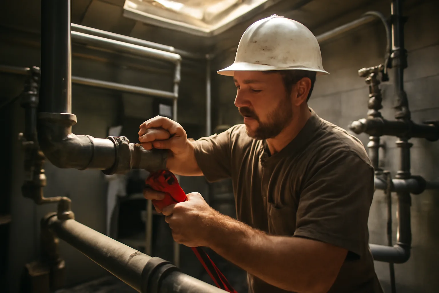 Arizona pipefitter tightening a steel pipe joint in a mechanical room